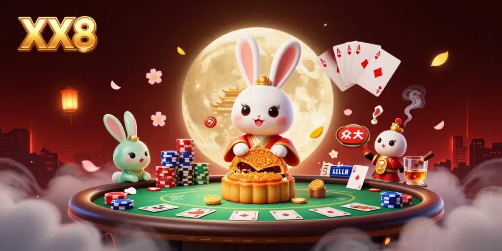 Engage with XX8 as a moon rabbit cracks open mooncakes to reveal poker chips, surrounded by vibrant casino elements.