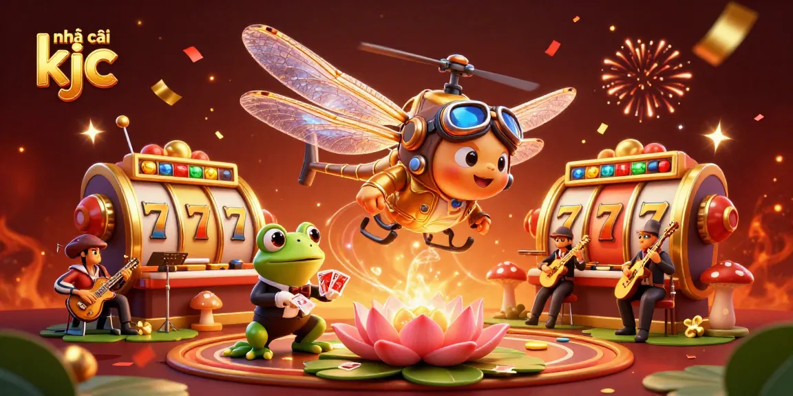 Engaging scene showcasing nhà cái kjc casino action with a dragonfly pilot and frog dealer amidst vibrant gaming elements.