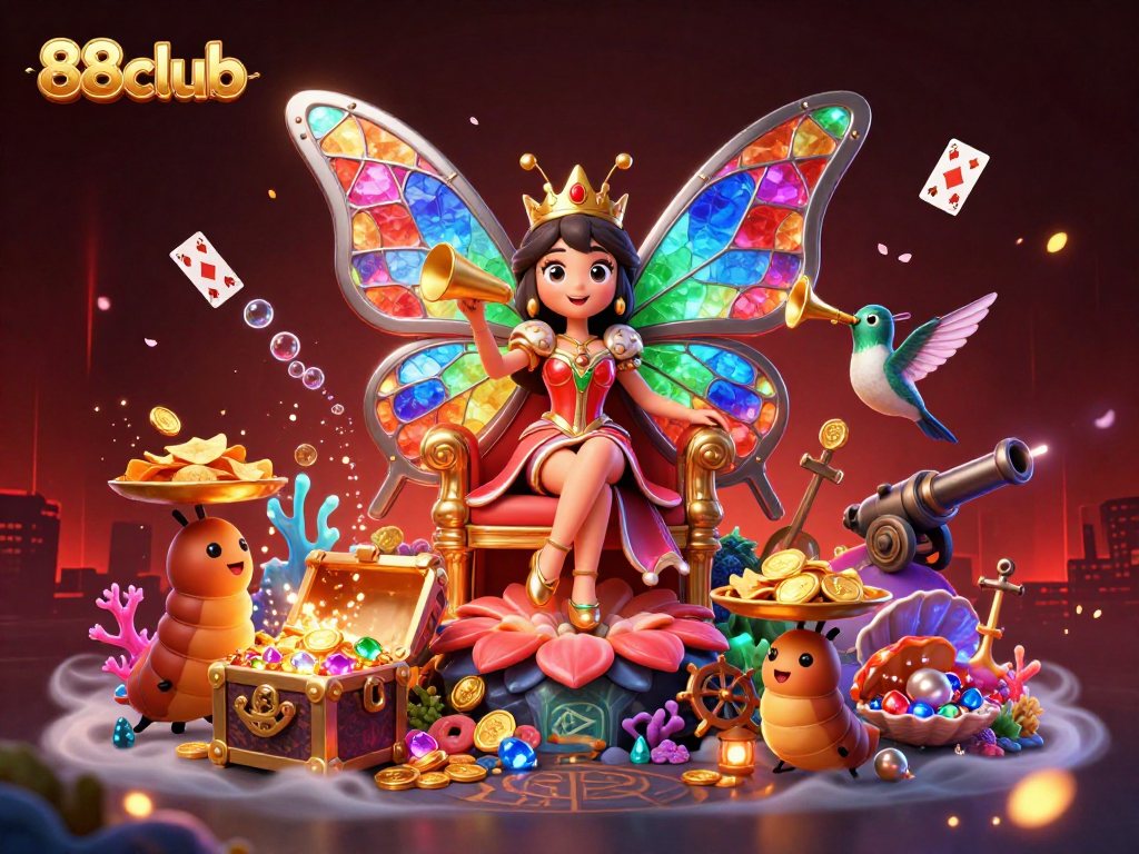 Experience the excitement of 88club with vibrant casino characters amidst treasure and games.