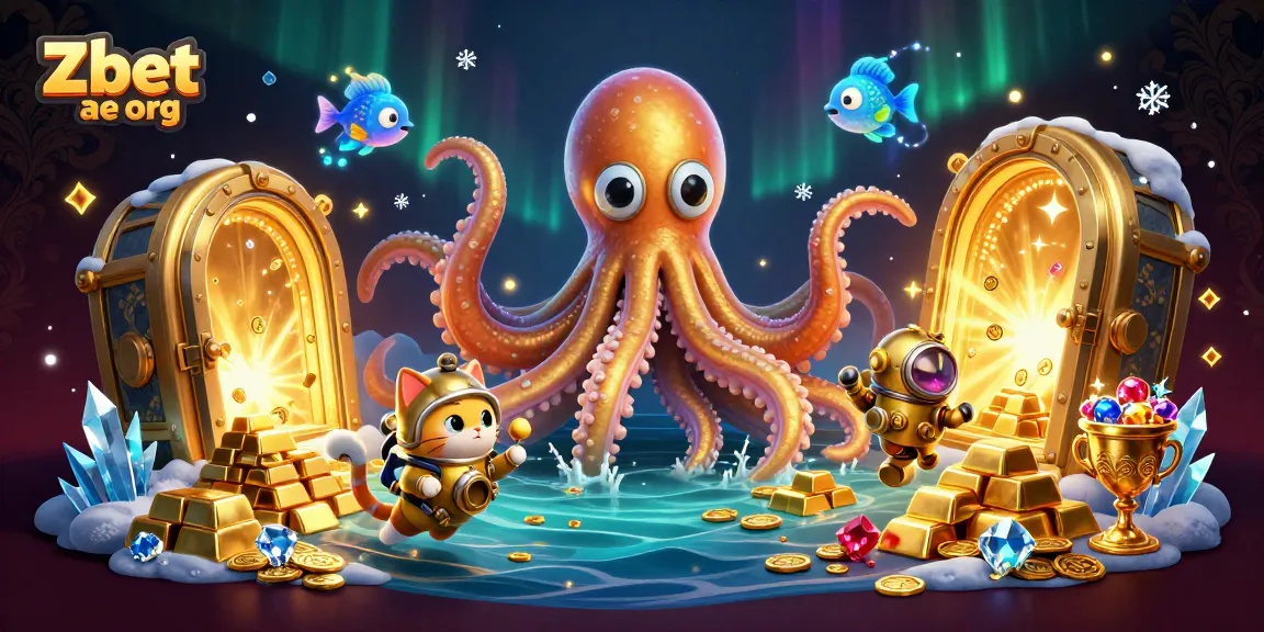 Engage with Zbet ae org's vibrant world featuring a kraken, diving cat, and treasure with glittering gems.