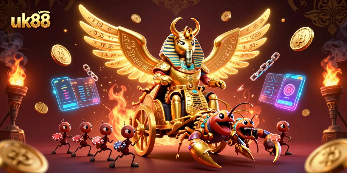 Experience thrilling bets with uk88's dazzling golden beetle and scorpion chariot in vibrant casino style.