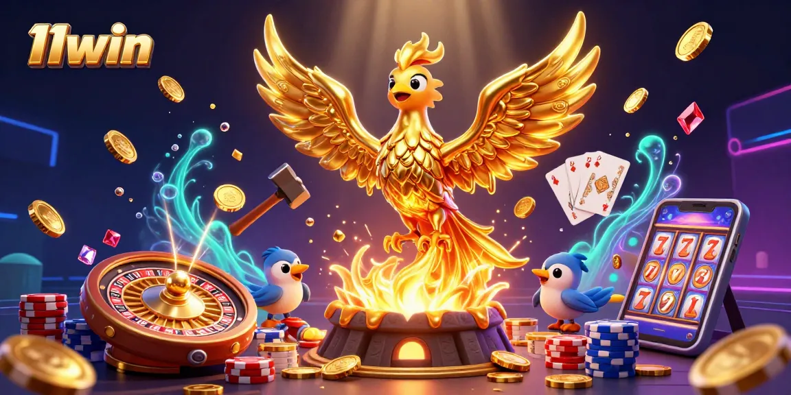 Experience winning moments at 11win with a dynamic casino scene featuring a molten phoenix and vibrant game elements.
