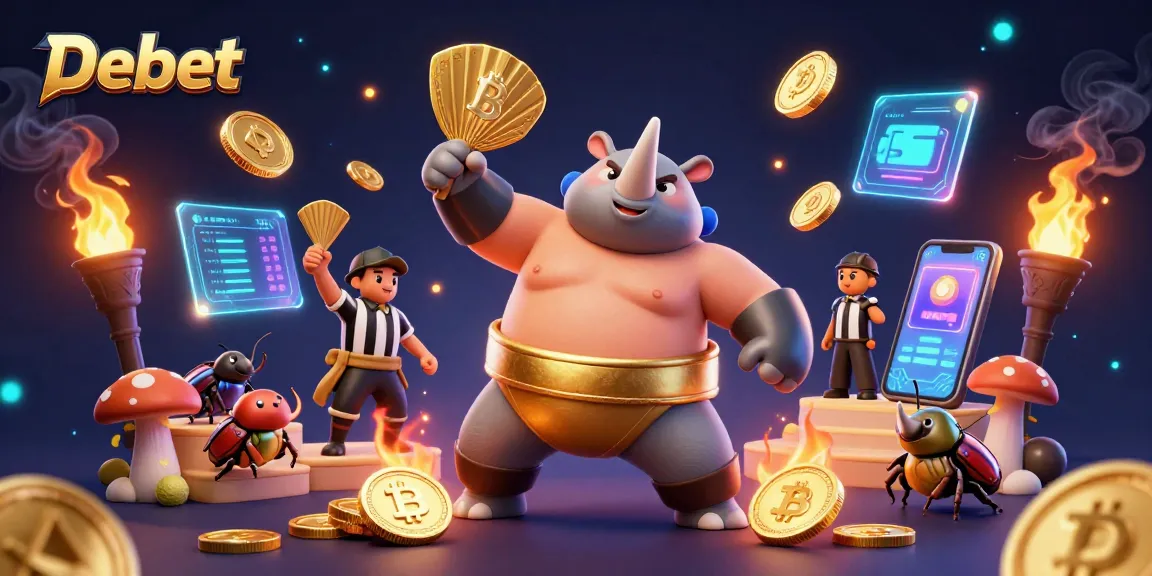 Debet showcases an exciting clash in the gambling world with rhinoceros beetle sumo champion amidst glowing crypto coins.