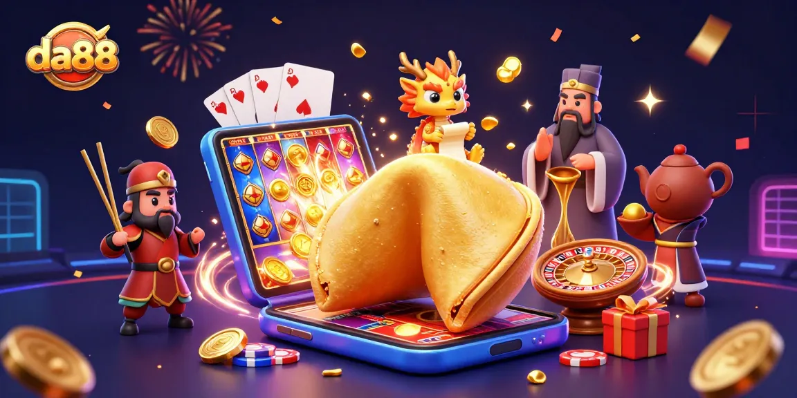 Spin the reels with da88: a vibrant casino scene featuring a fortune cookie, dragon, and rich casino elements.