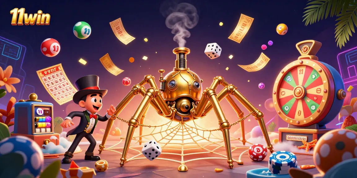 Experience 11win's thrilling world of gambling with a lively steampunk spider web scene.