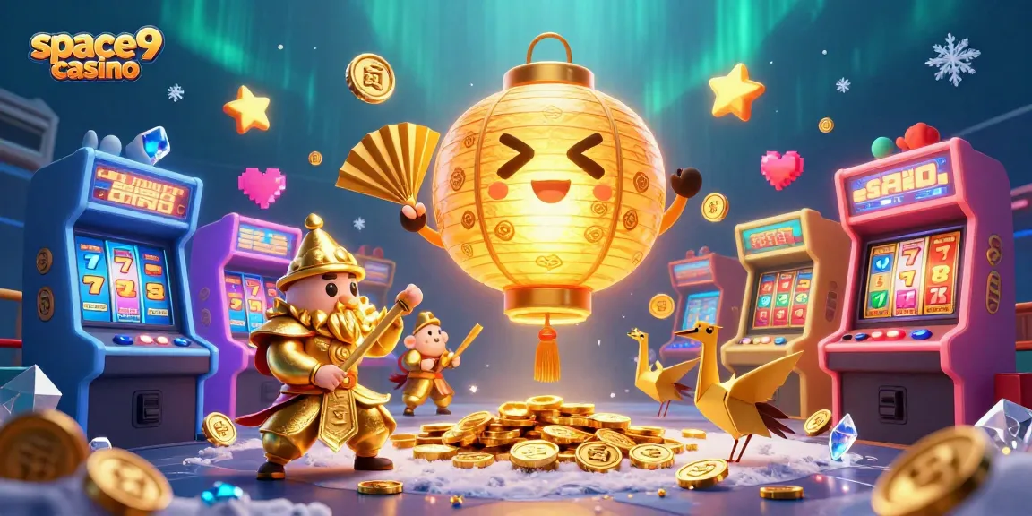Engage with space9 casino in a vibrant 3D arcade, surrounded by golden spirits and dynamic gaming elements.