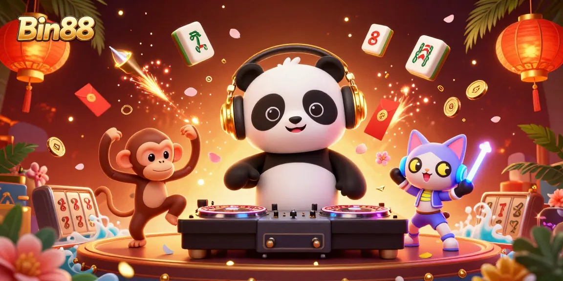 Spinning at Bin88's vibrant casino party with a DJ panda, dancing monkey, and glowing kitten.