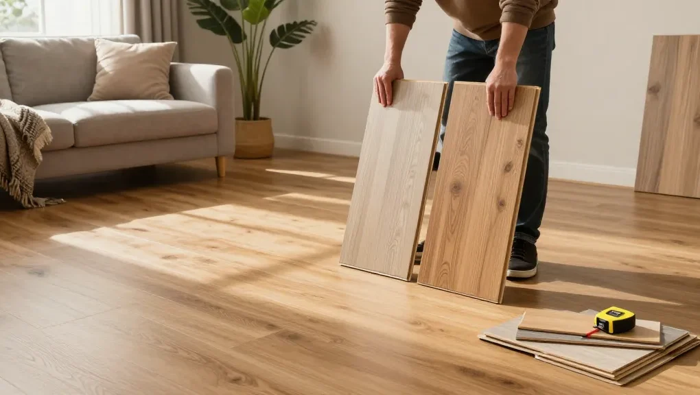 Comparing laminate and engineered flooring in a stylish living room scene with natural lighting