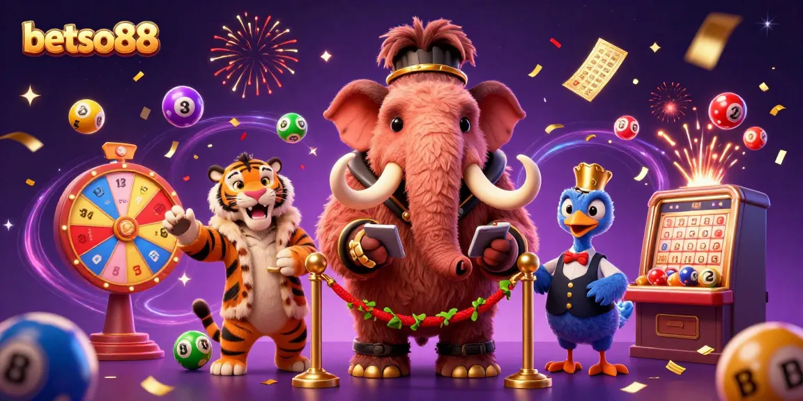 Join the fun at betso88 with a vibrant casino illustration featuring a woolly mammoth bouncer, saber-tooth tiger VIP, and dodo doorman.