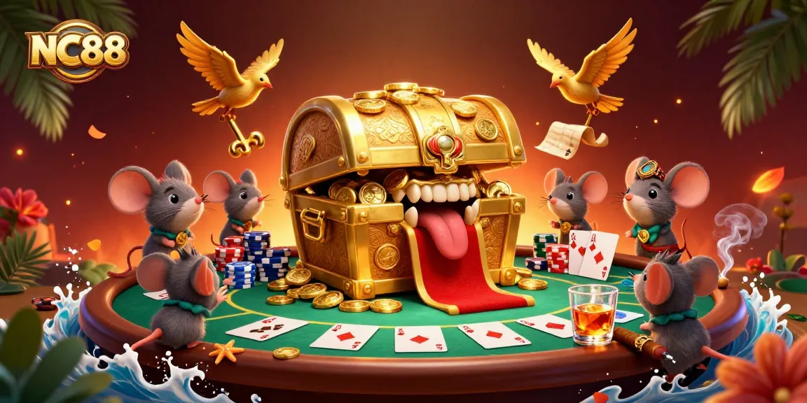Experience the thrill of NC88 with a vibrant 3D casino illustration showcasing adventure and poker excitement.