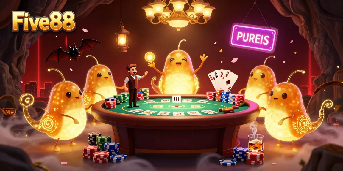 Five88 glowworms illuminate a vibrant cave casino scene featuring poker elements and a bat dealer.