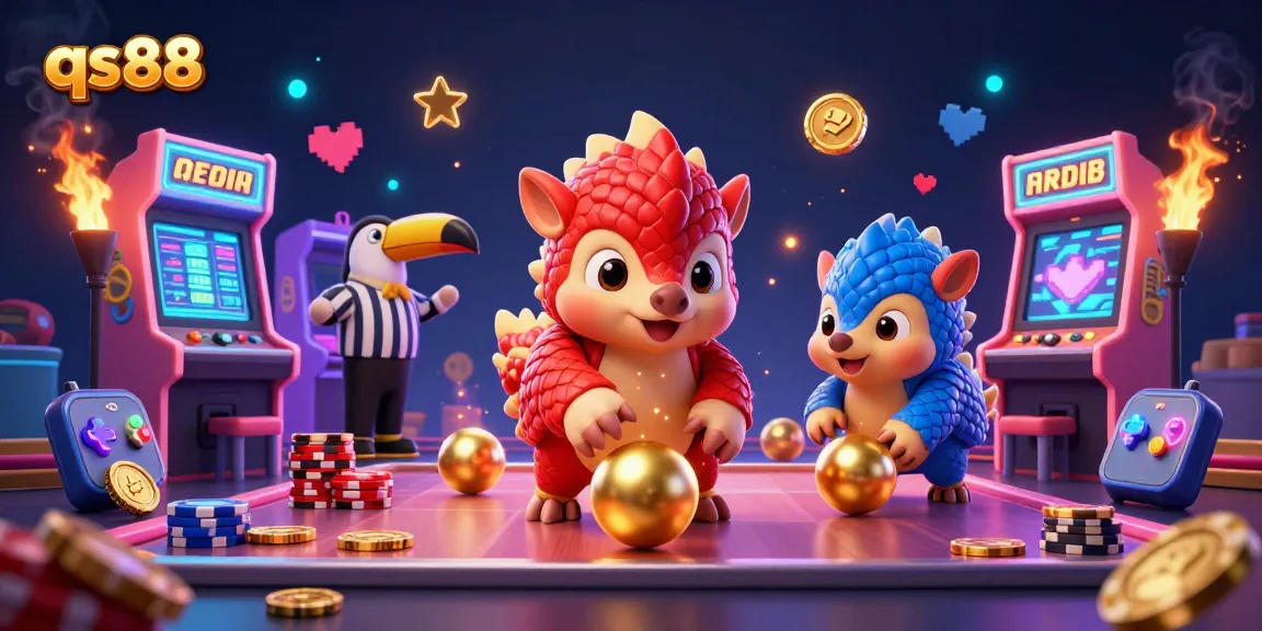 Engage with qs88 as rival pangolins engage in a thrilling game with golden balls and poker chips.