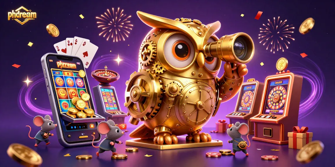 PHDREAM players winning with an exciting 3D casino scene featuring a golden owl, vibrant games, and festive elements.