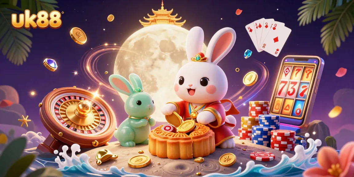 Experience the excitement of uk88 with a playful moon rabbit illustration surrounded by dynamic casino elements.