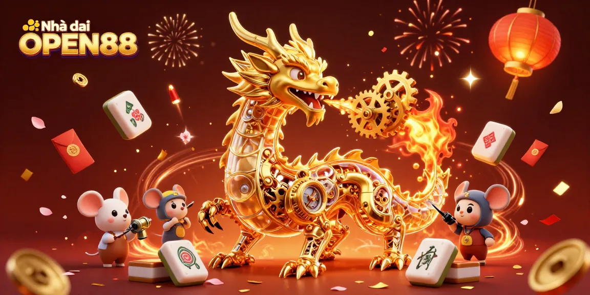 Engage with Nhà cái OPEN88 showcasing a vibrant 3D golden dragon and rich casino-themed elements.