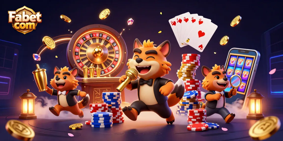 Fabet com showcases a vibrant 3D scene of hyenas in a buzzing casino club, featuring dynamic gaming elements.