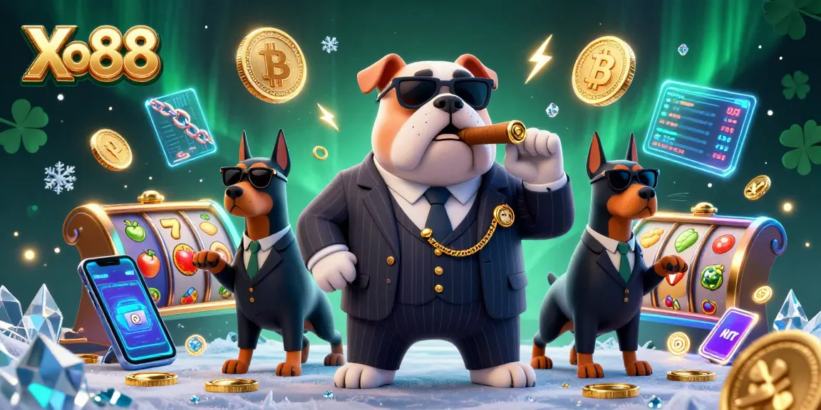 Xo88 showcases a captivating mafia-themed casino scene with cryptocurrency elements and slot symbols.