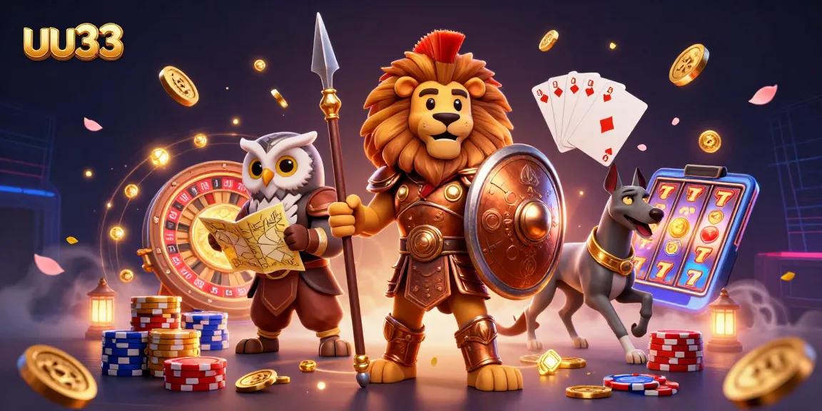 Engage with uu33's captivating 3D casino experience featuring a lion, owl, and greyhound amidst vibrant games and riches.