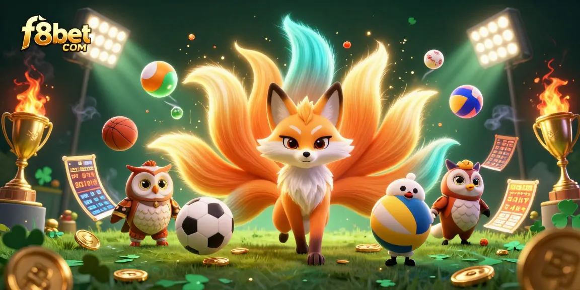 Experience exciting gameplay at f8bet COM with a vibrant 3D casino scene featuring colorful characters and dynamic sports elements.