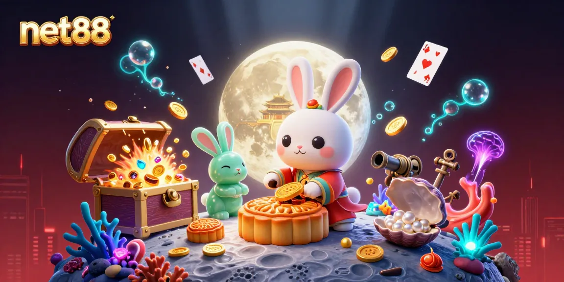 Discover the thrilling net88 experience with a vibrant 3D illustration of a moon rabbit and casino themes.