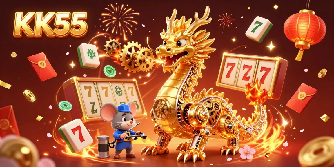 Engage with KK55's vibrant casino scene featuring a golden dragon and festive elements.