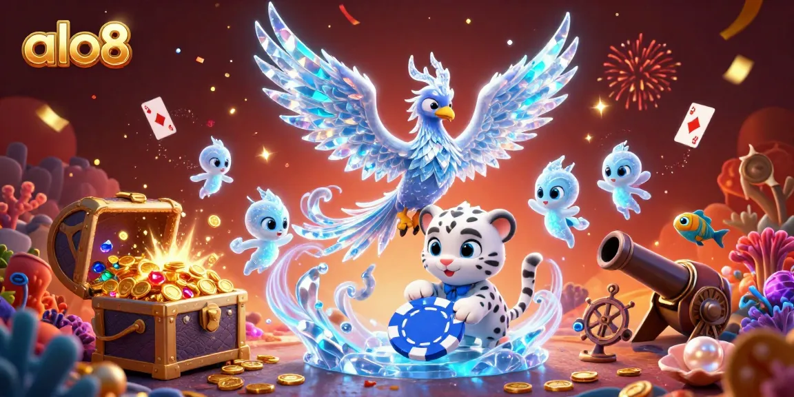 Engage with alo8's vibrant gaming universe featuring an ice phoenix and unique casino elements.