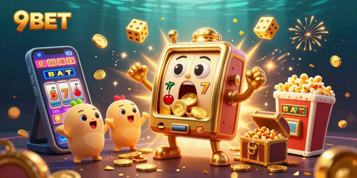 Experience the excitement of 9BET with a golden slot machine celebrating its jackpot amidst vibrant casino elements.