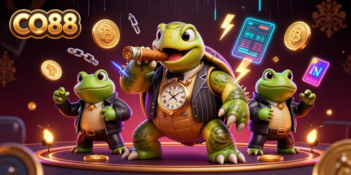 CO88 branding shines in a vibrant casino scene featuring a mobster turtle and bullfrog enforcers.