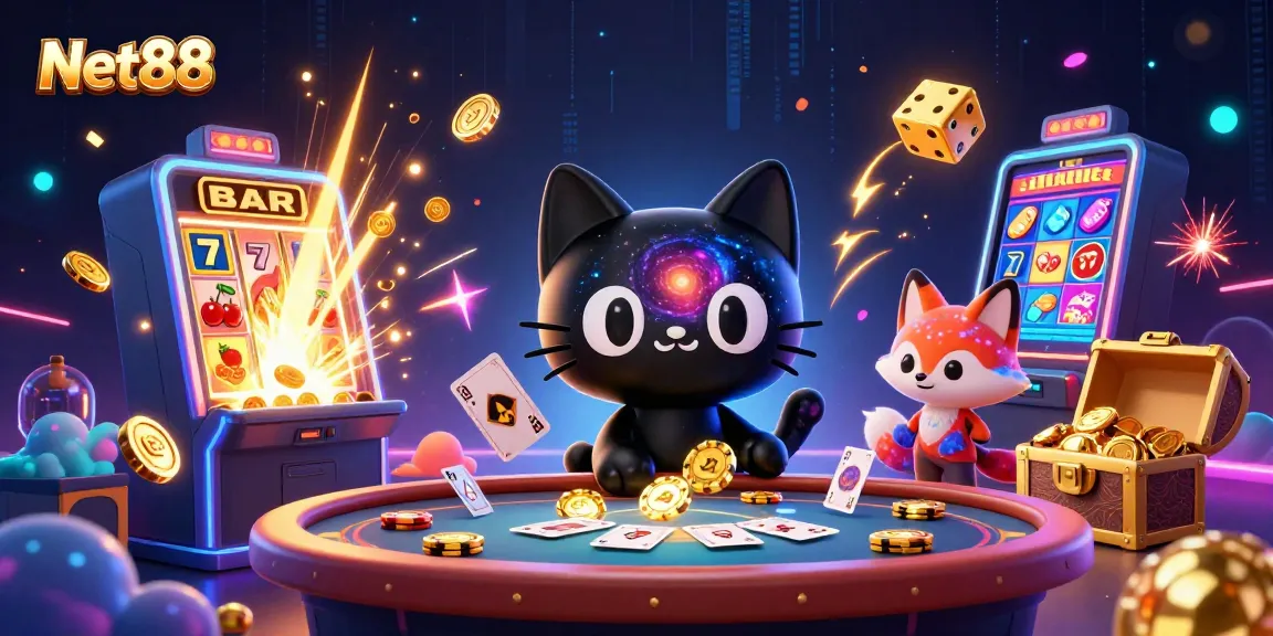 Experience thrilling gameplay with Net88 as a 3D cartoon character pulls in casino chips!