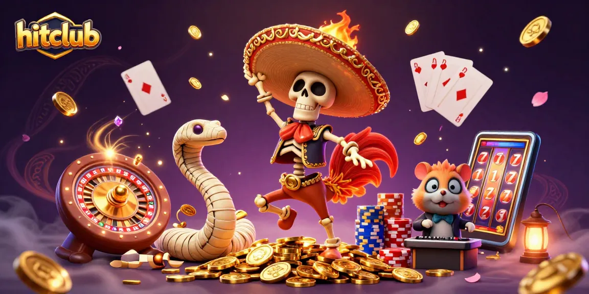 Hitclub features a vibrant victory dance scene with a mariachi rooster and casino elements showcasing excitement.