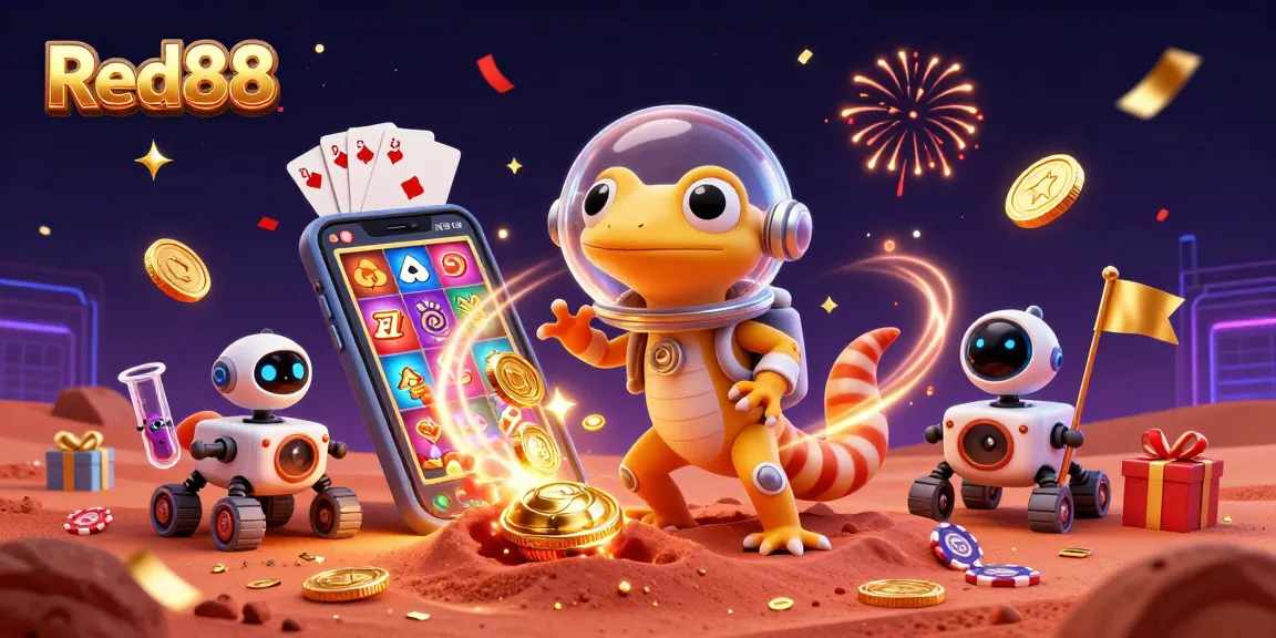Experience thrills at Red88 with a Martian gecko discovering a golden casino amidst dynamic gaming elements.