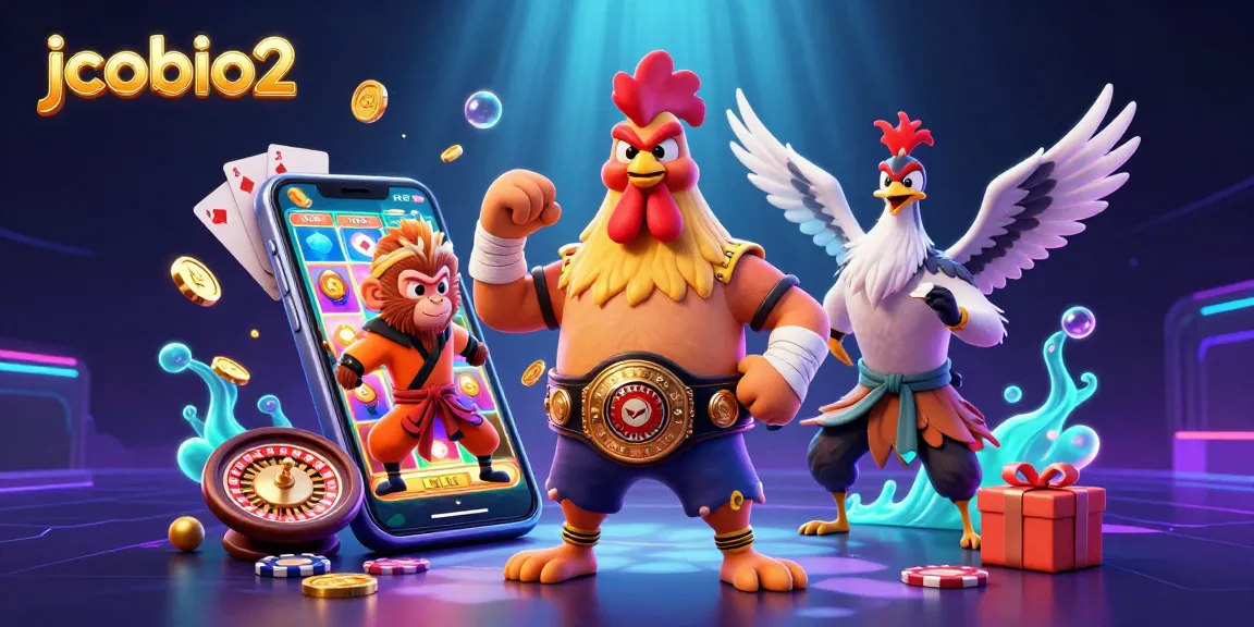 Engage with the vibrant jcobio2 3D casino scene featuring a Muay Thai rooster, a Shaolin monkey, and a wise crane amidst gaming elements.