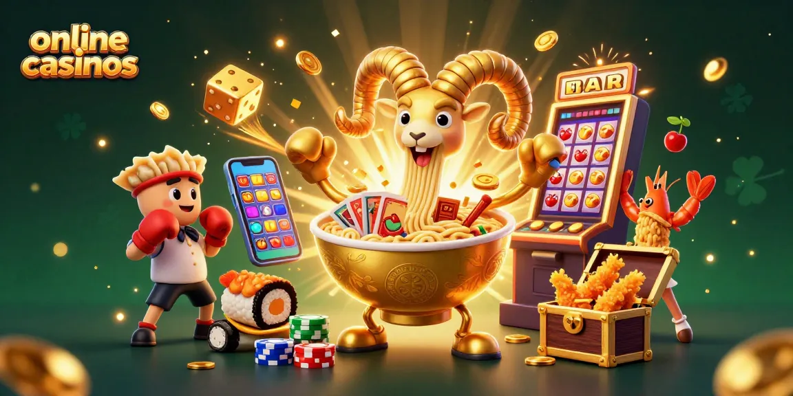 Experience vibrant fun at online casinos with a giant ramen bowl dealer surrounded by exciting slot machine elements.