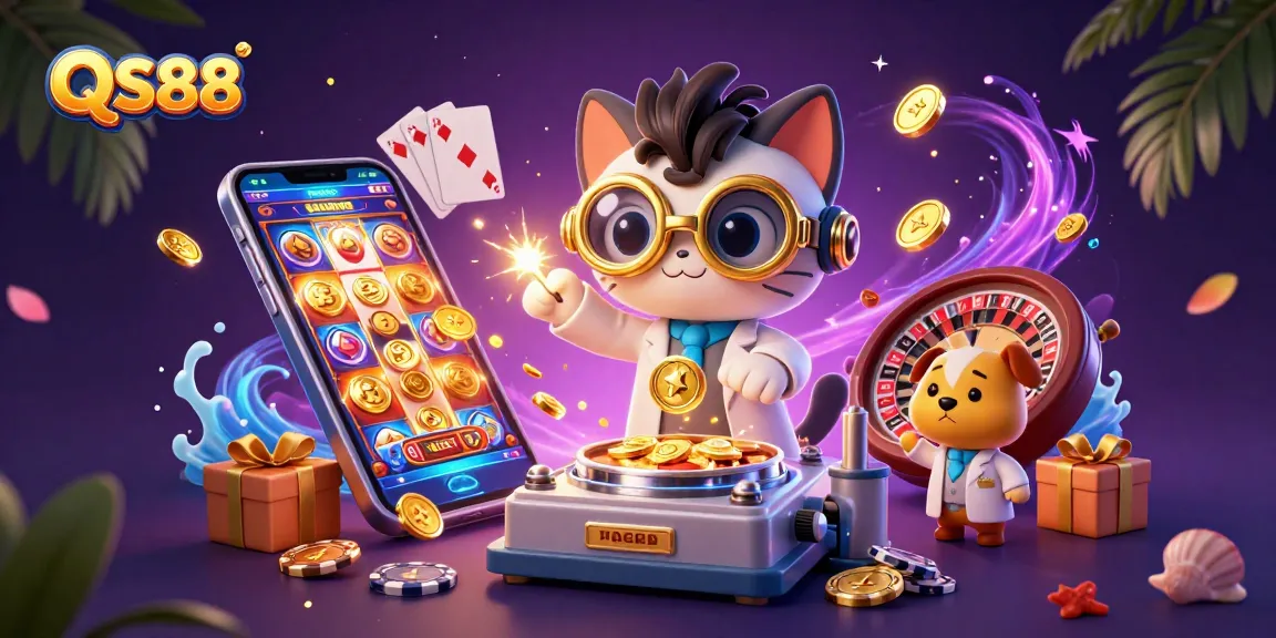 Experience thrilling gaming action at QS88 with a lively 3D gambling environment featuring vibrant slots and golden coins.