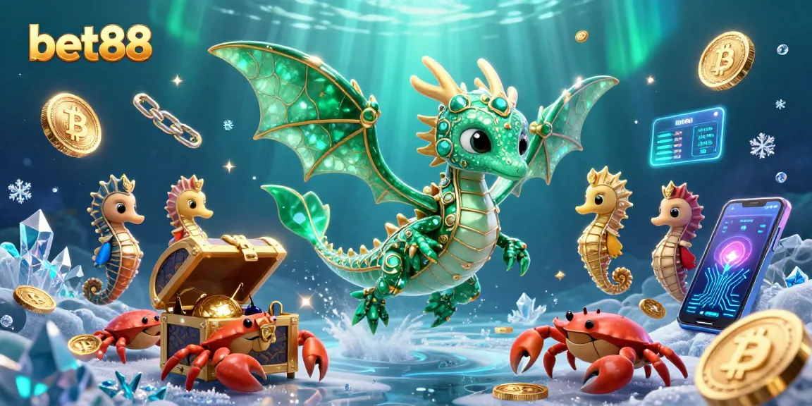 Experience the excitement of betting at bet88 with vibrant 3D dragons and cryptocurrency elements.
