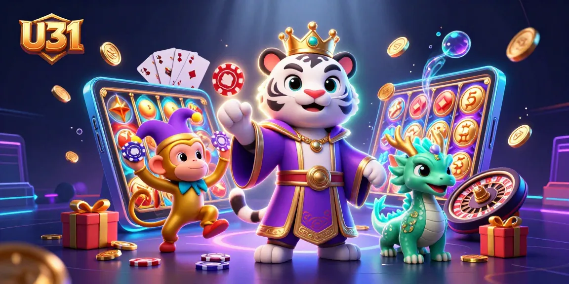 Play amazing casino games at U31 with vibrant, interactive scenes showcasing games and rewards.