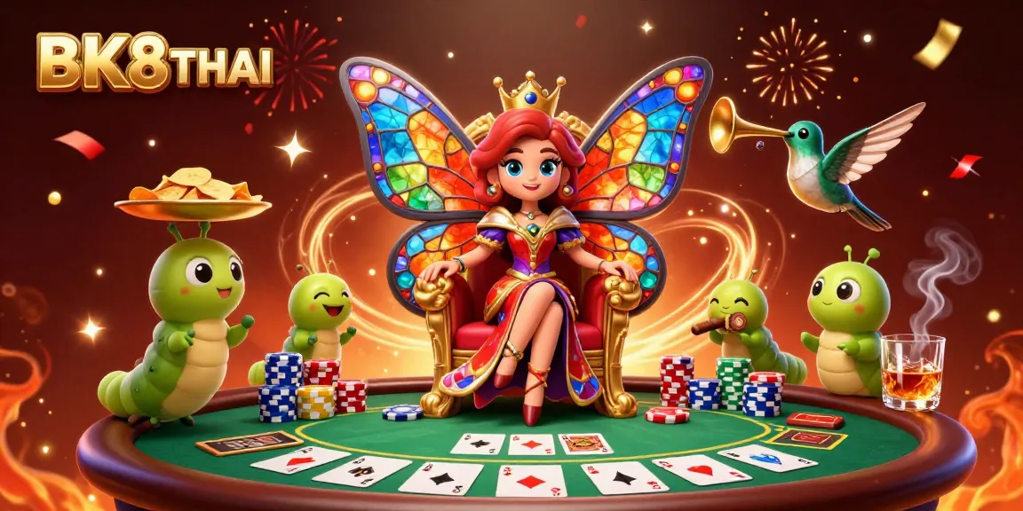 Experience BK8THAI with this vibrant 3D casino scene featuring a butterfly queen and poker elements.