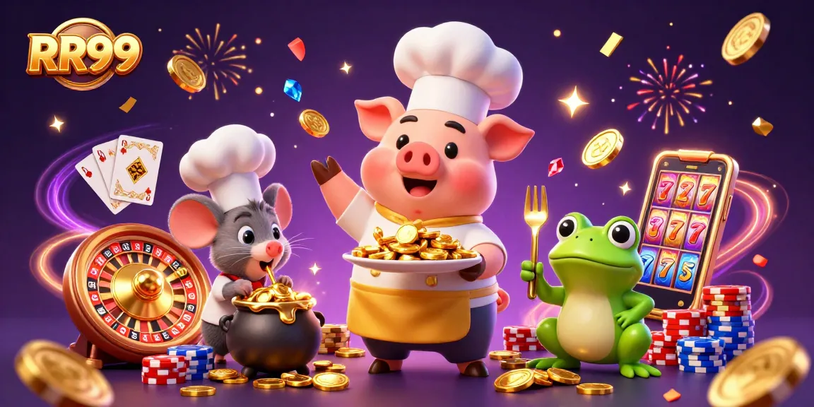 Experience the thrill of RR99 with a chef pig serving gold coins amidst a lively casino scene.