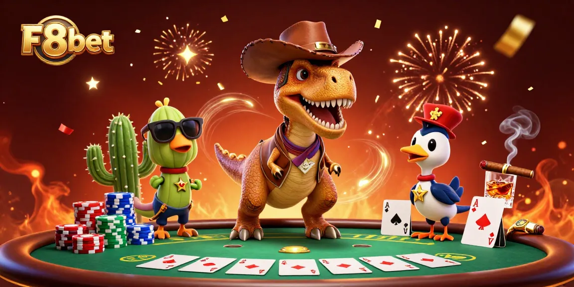 Experience the thrilling world of F8bet as a cartoon dinosaur and friends engage in poker.