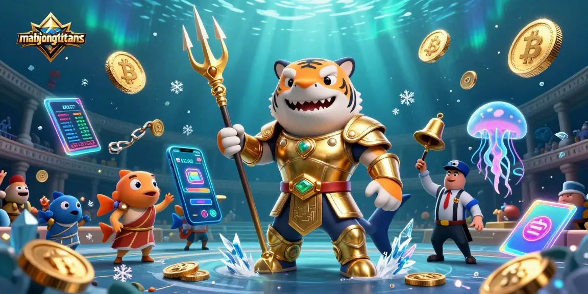 Engage in mahjongtitans through an underwater colosseum scene with battles and crypto elements.