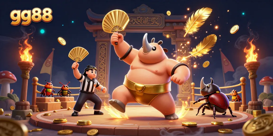 Engage with gg88's dynamic gambling scene featuring a beetle champion amid flying coins and a cheering crowd.