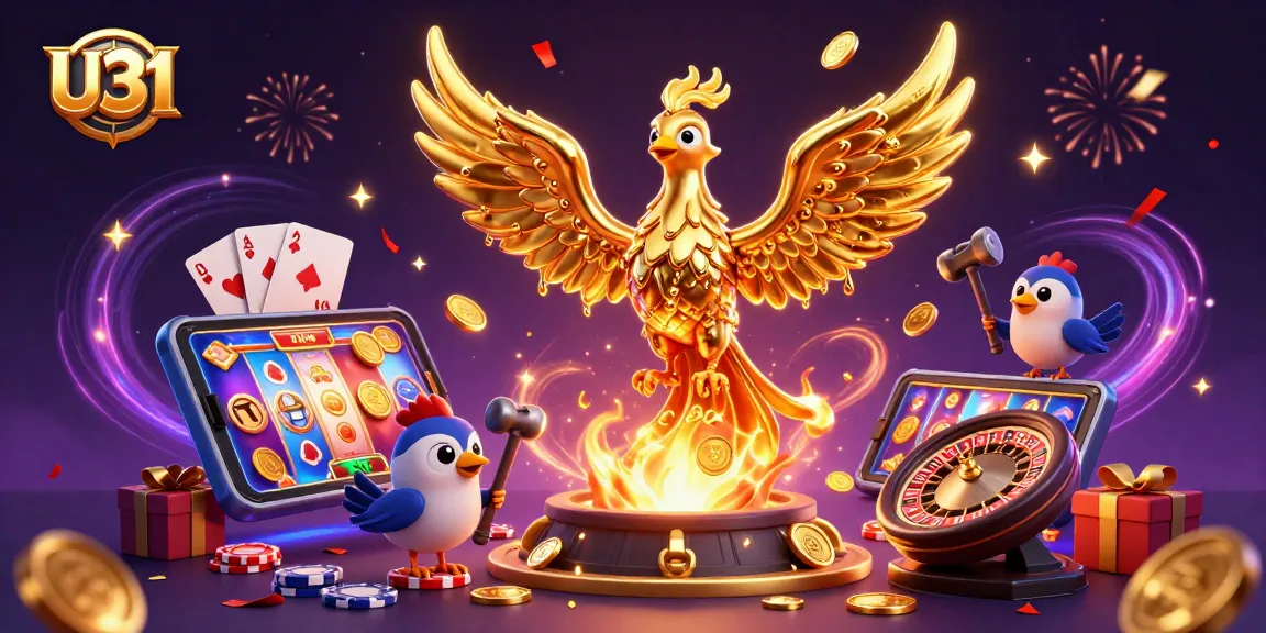 Win big with U31’s vibrant 3D casino illustration featuring golden phoenix and dynamic slot game elements.