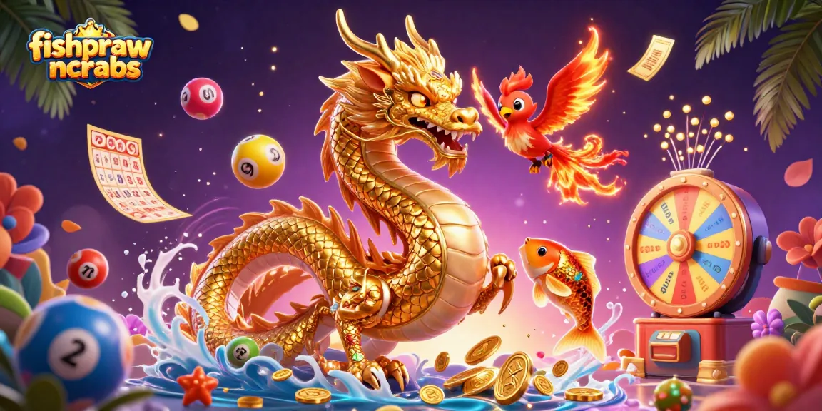 Engage with thrilling fishprawncrabs gameplay as a golden dragon, fiery phoenix, and koi fish immerse in a vibrant casino scene.