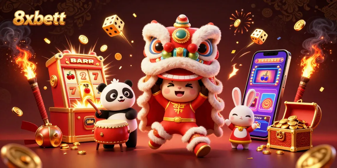Winning at 8xbett with a festive 3D casino scene featuring vibrant characters and dynamic game elements.