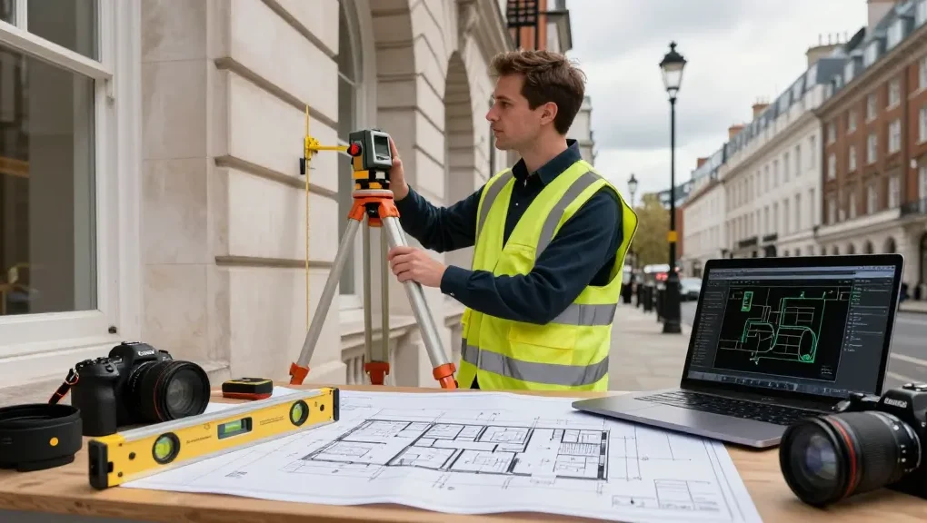 Measured building surveyors taking precise measurements in London, with detailed plans and modern surveying equipment.