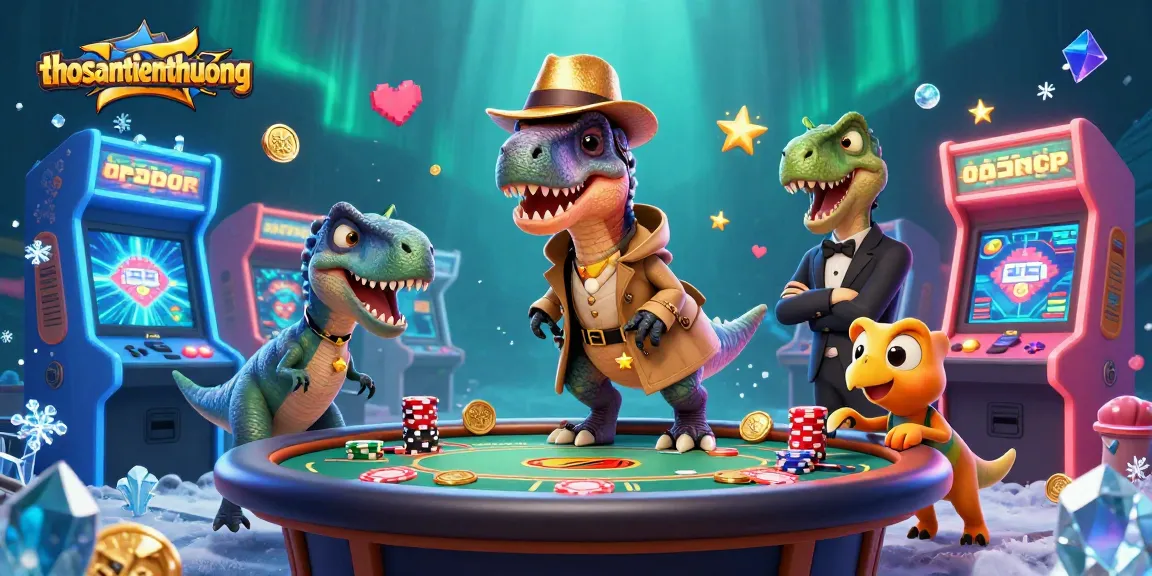 Experience thosantienthuong with a charming velociraptor at a blackjack table in this vibrant 3D casino scene.