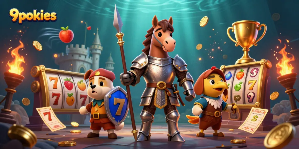 Experience the thrill of 9pokies with dynamic slot reels and medieval characters in this vibrant 3D illustration.