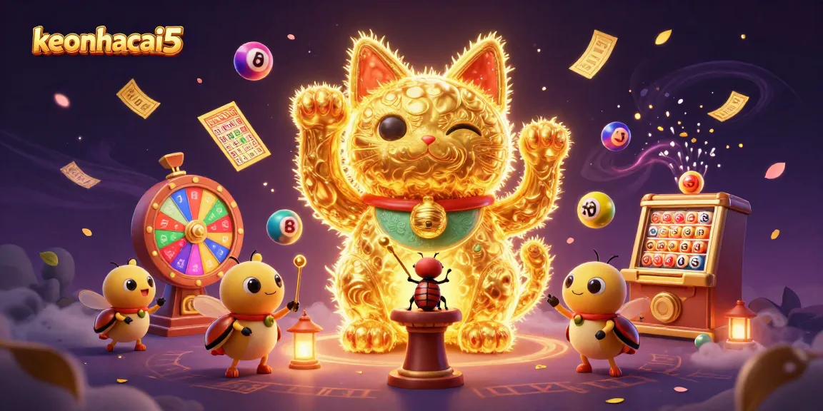 Win big with keonhacai5 in this vibrant golden firefly casino illustration.